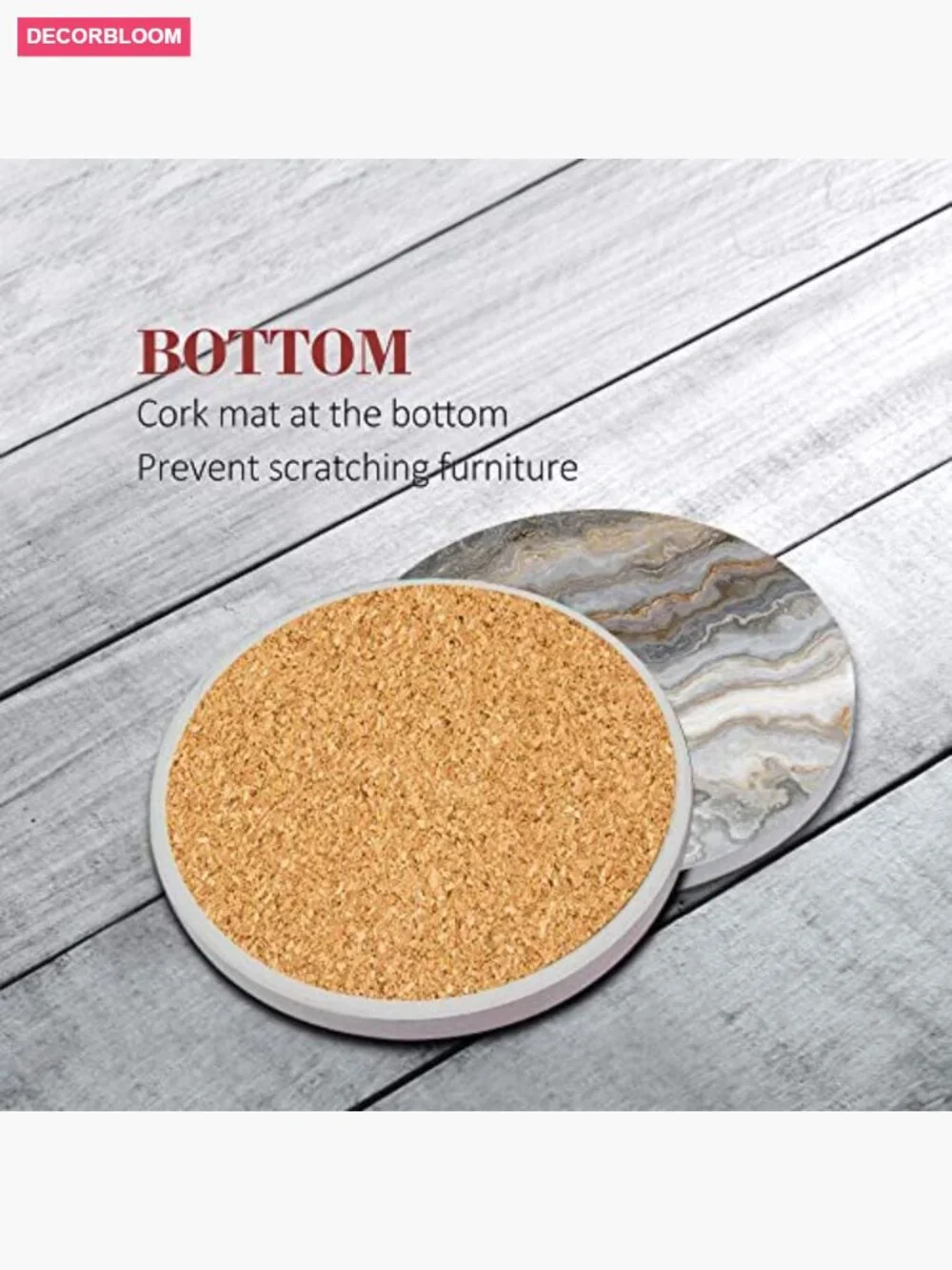 Coaster Set of 6 - Absorbent Stone with Cork Base and Metal Holder, Home Bar
